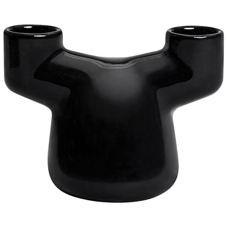 EE Double Candleholder in Contemporary 3D Printed Gloss Black Porcelain For Sale