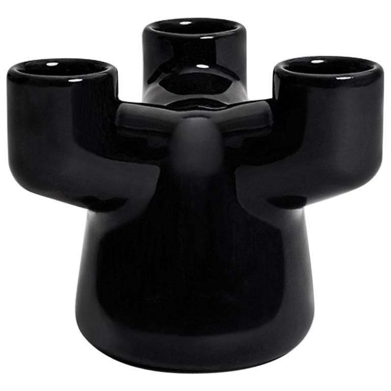 EE Triple Candleholder in Contemporary 3D Printed Gloss Black Porcelain For Sale