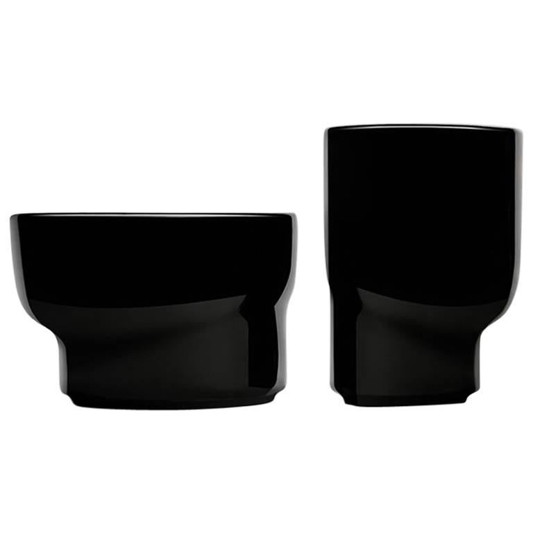 Glitch Vase / Vessel Set in Contemporary 3D Printed Gloss Black Porcelain For Sale