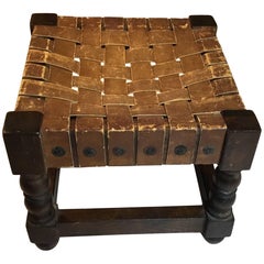 Woven Leather Top Wood Stool