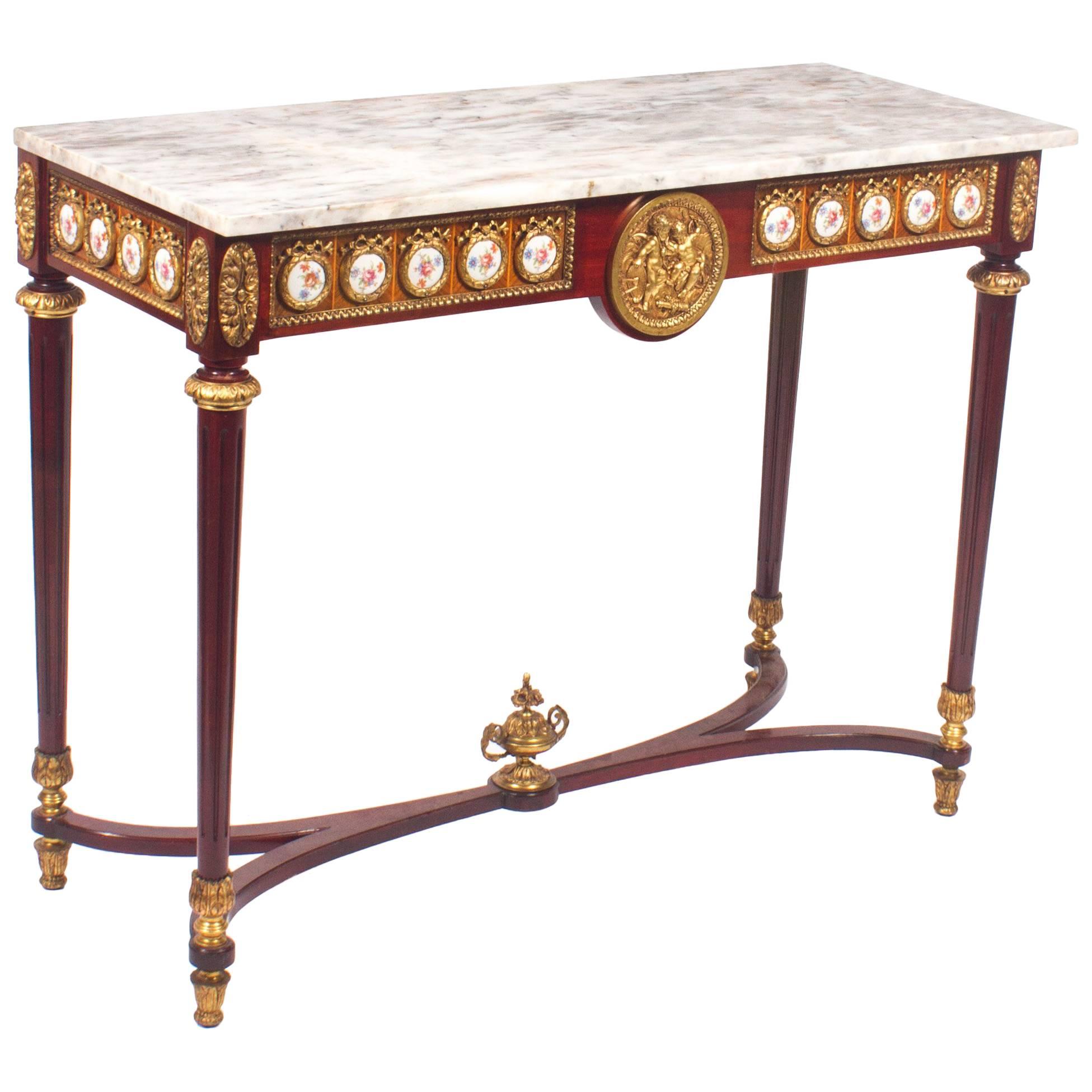 Vintage French Ormolu and Porcelain Mounted Console Table, Late 20th Century