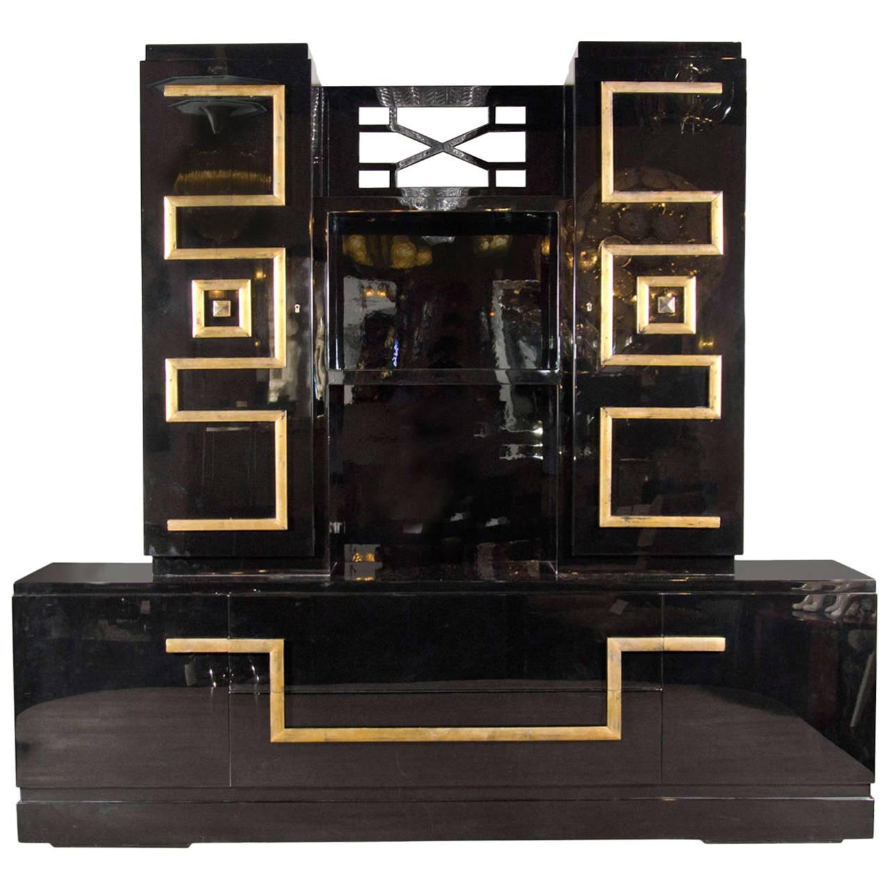 Important and Stunning Custom Cabinet in Black Lacquer & Gilt by James Mont 