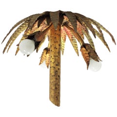 Spanish 1950s Hollywood Regency Gilt Metal Palm Tree Ceiling Flush Mount