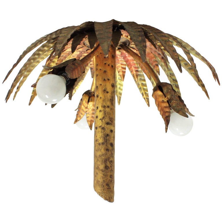 Unique Hollywood Regency Gilt Iron Palm Tree Ceiling Light Fixture