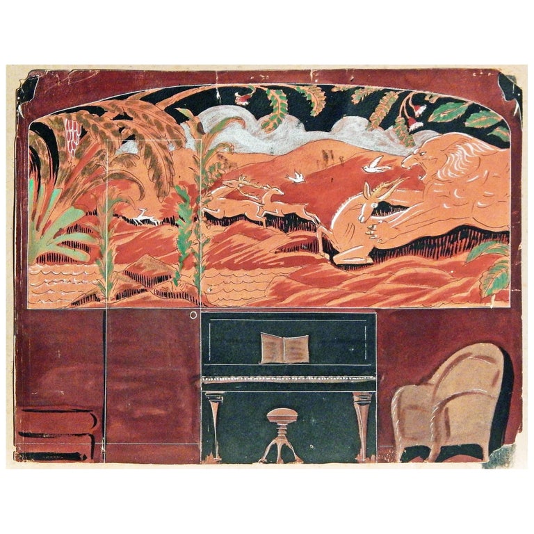 "Lion and Gazelle," Fabulous Art Deco Mural Study in Black and Rust For Sale