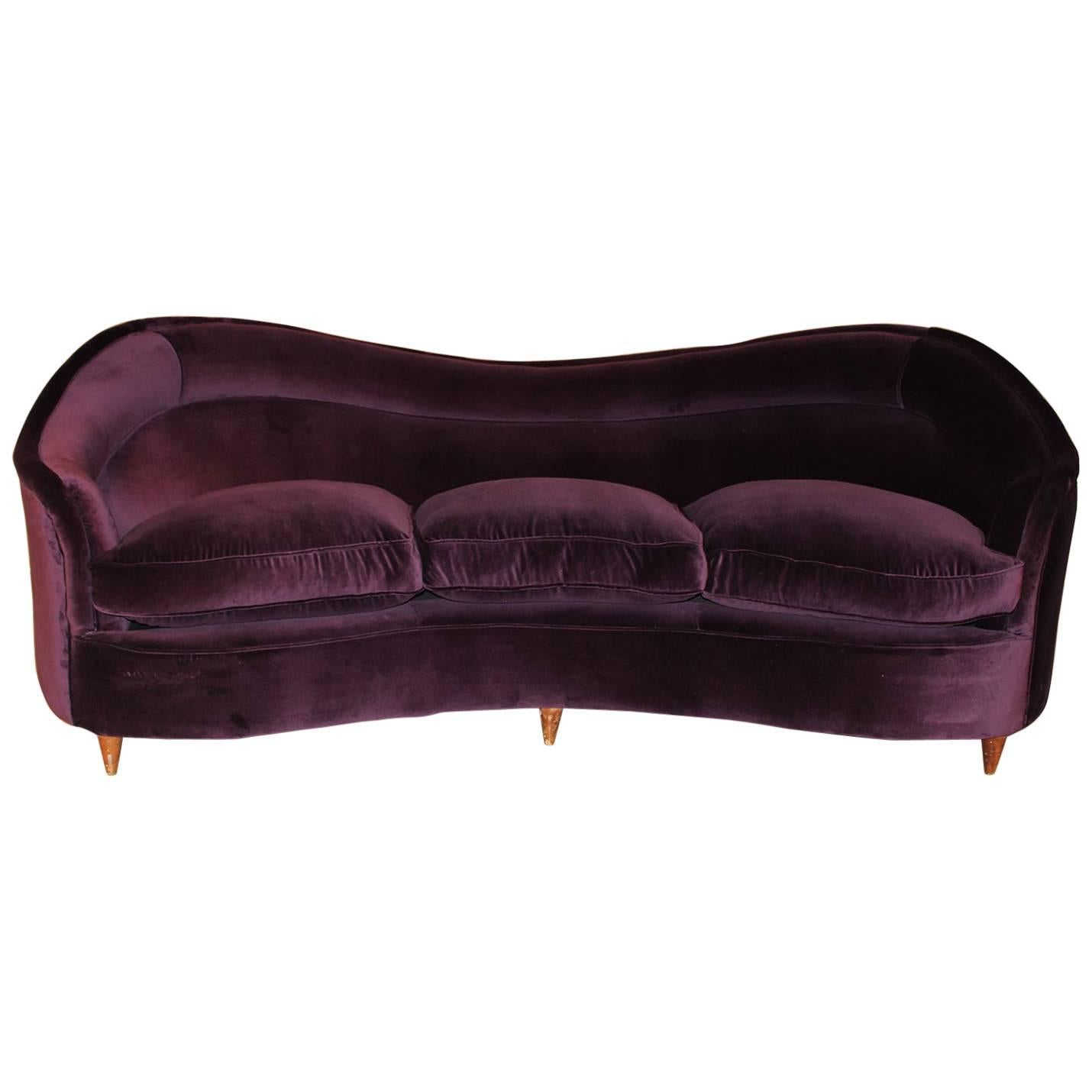 Curved Italian Sofa in Aubergine Velvet For Sale