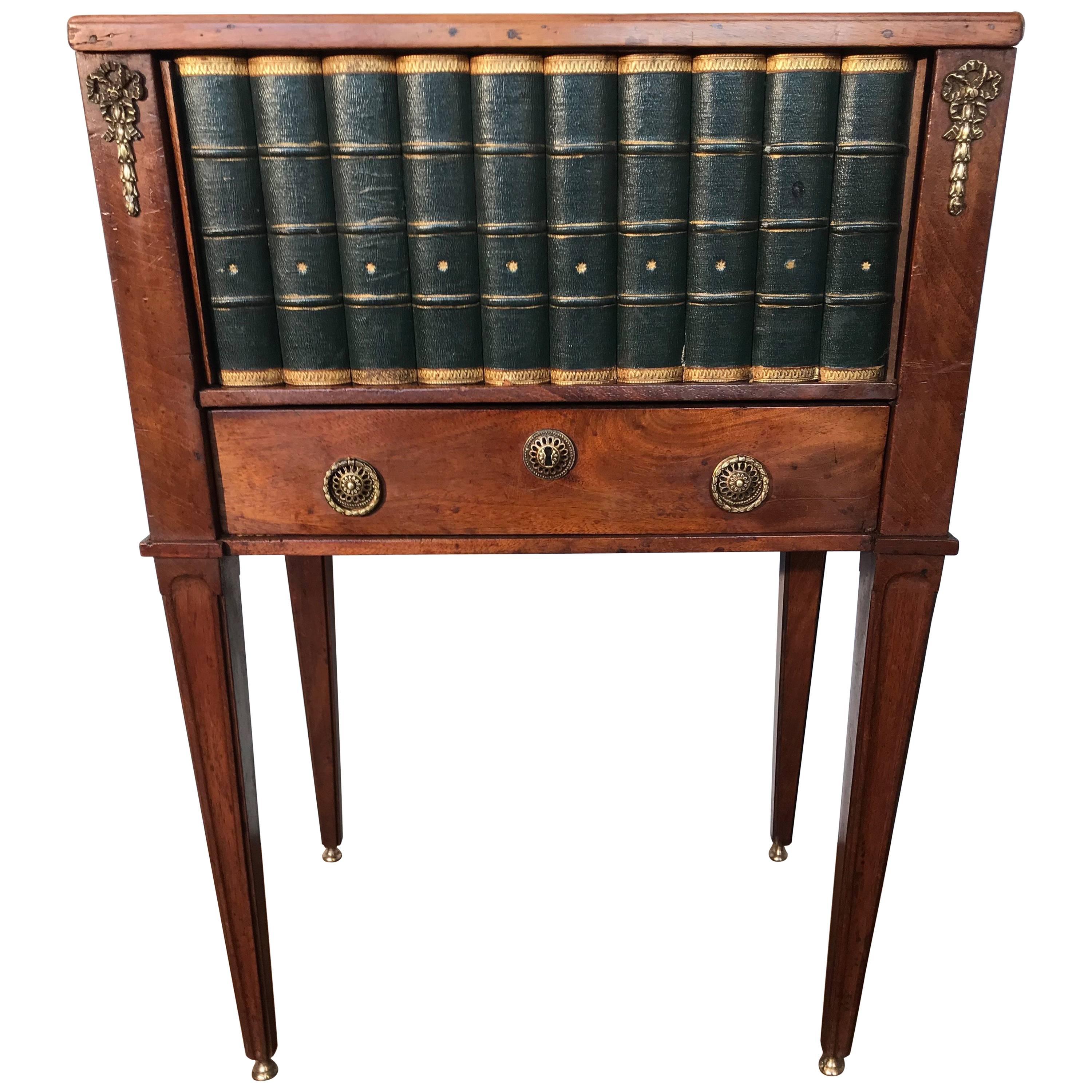 Empire Style Mahogany End Table with Faux Books Rolling Shutter Door and Drawer