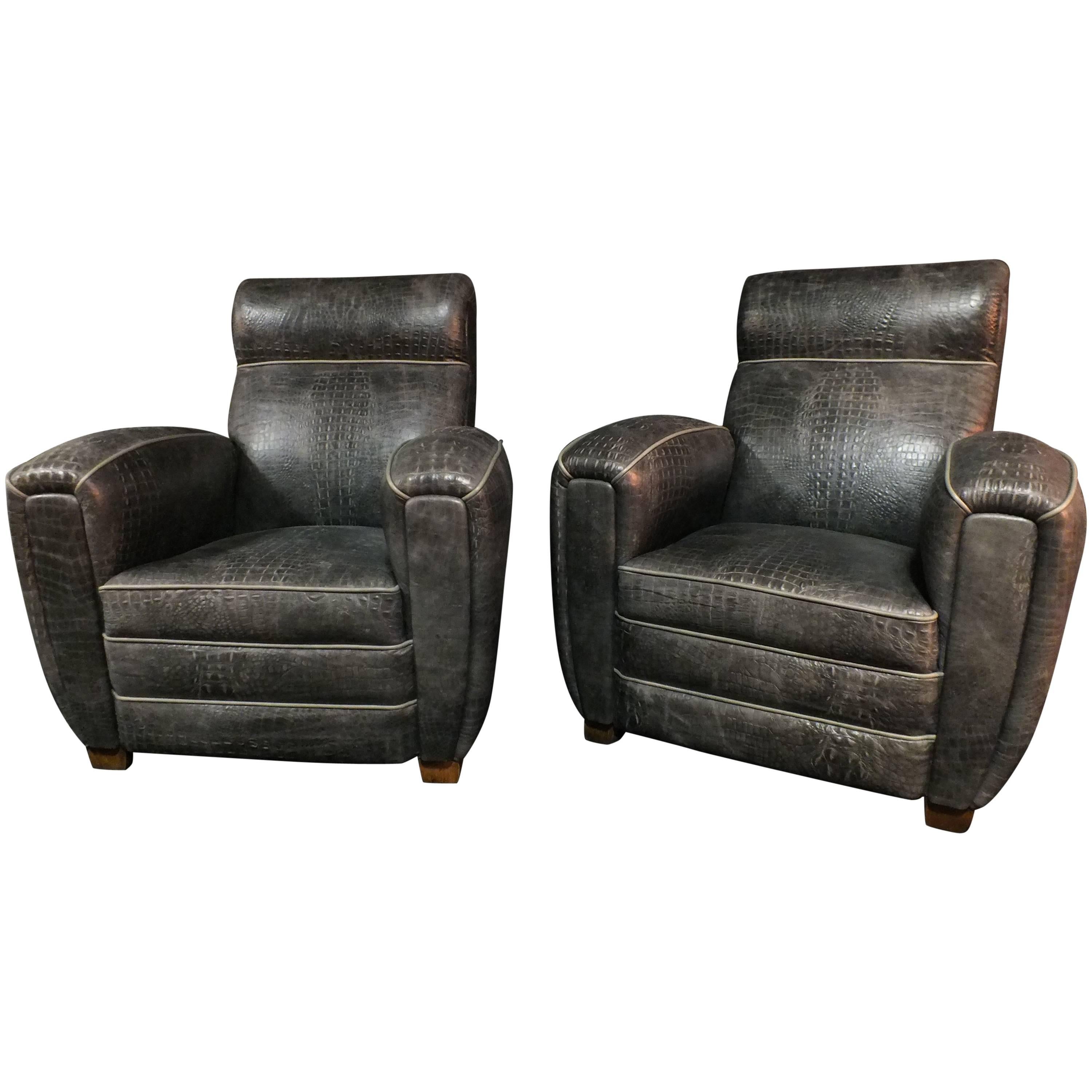 Two Club Chair Croco Style Art Deco For Sale