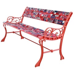 Artistic Three-Seat Garden Wooden Slat Cast Iron Bench with Backrest