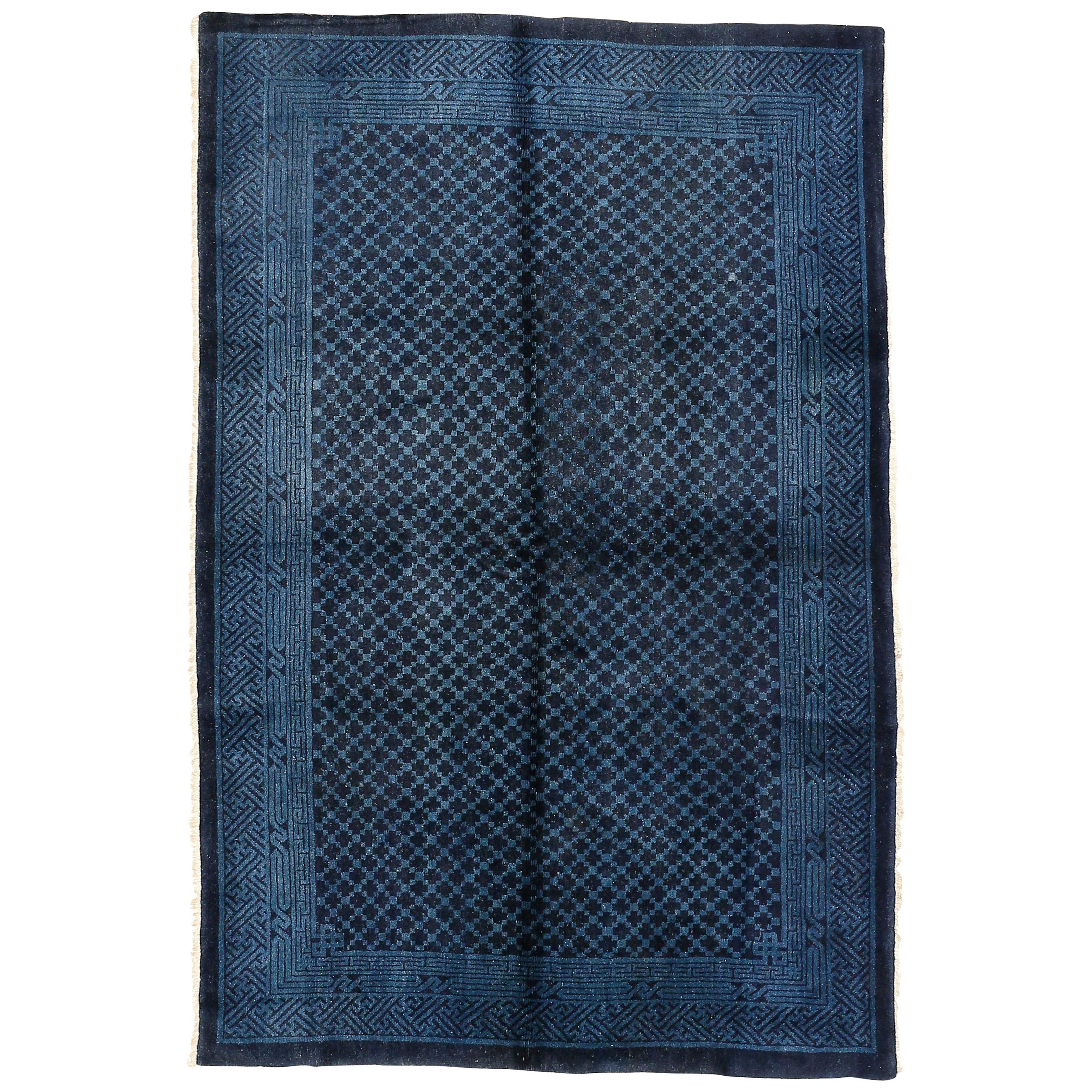 Antique Fine Indigo Blue Chinese Geometric Design Rug For Sale