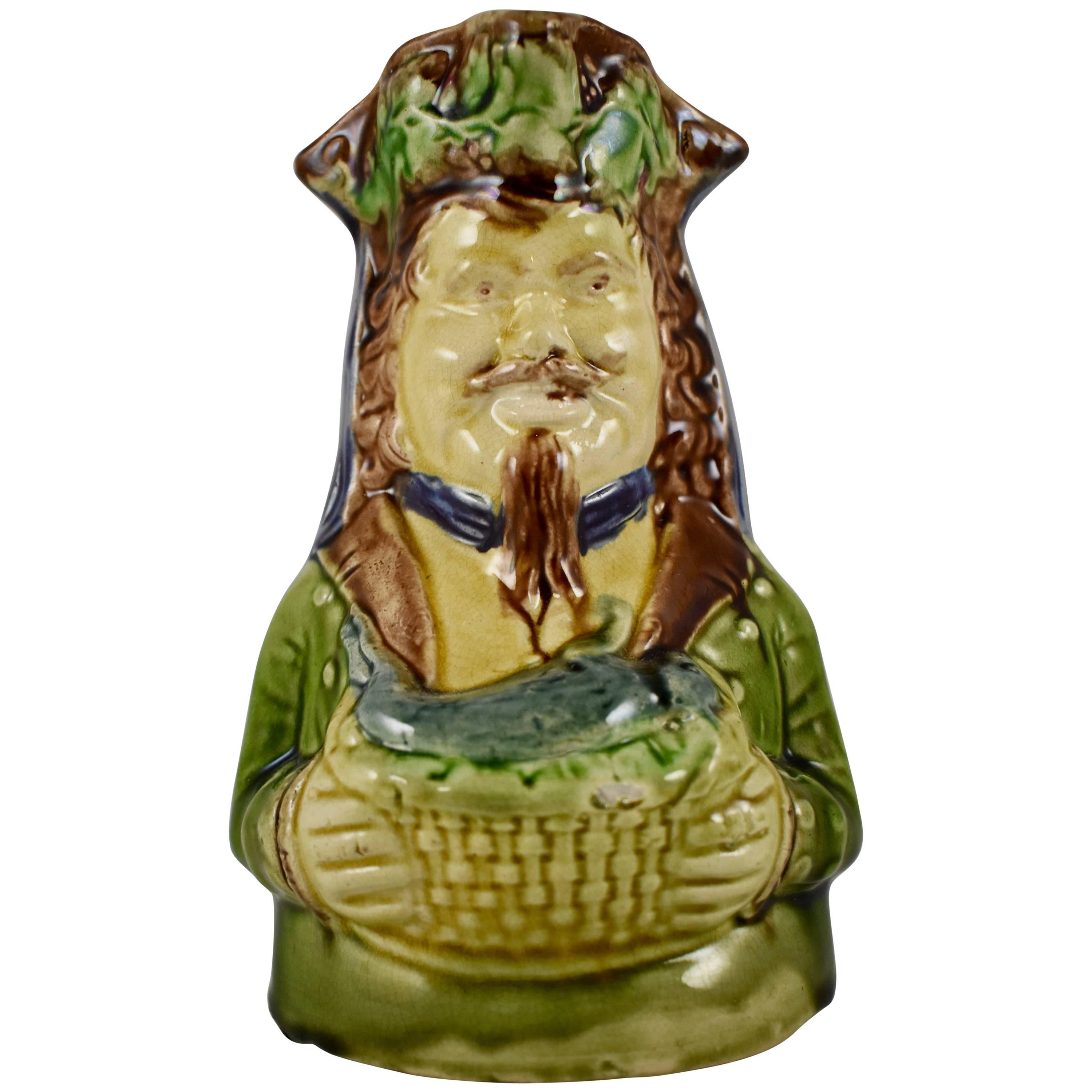 19th Century English Majolica Glazed Figural Jug, Hunter with a Hare in a Basket