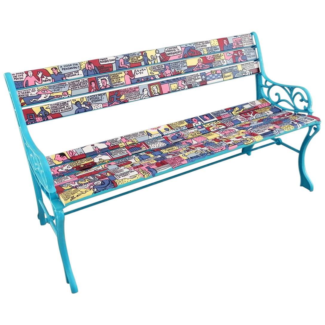 Artistic Three-Seat Garden Wooden Slat Varnished Cast Iron Bench with Backrest For Sale