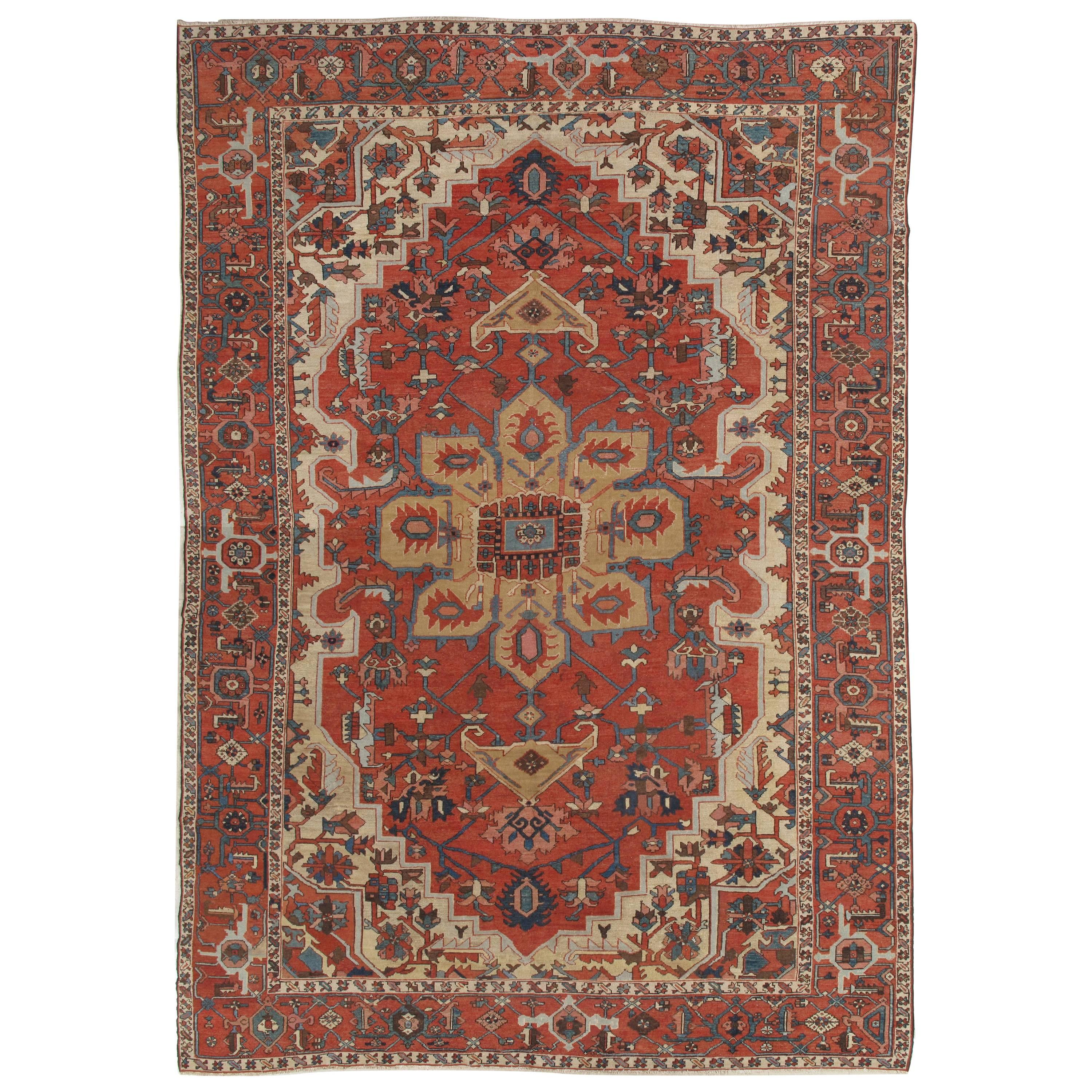 Antique Persian Handmade Wool Oriental Serapi Carpet, Rust, Gold, Light Blue