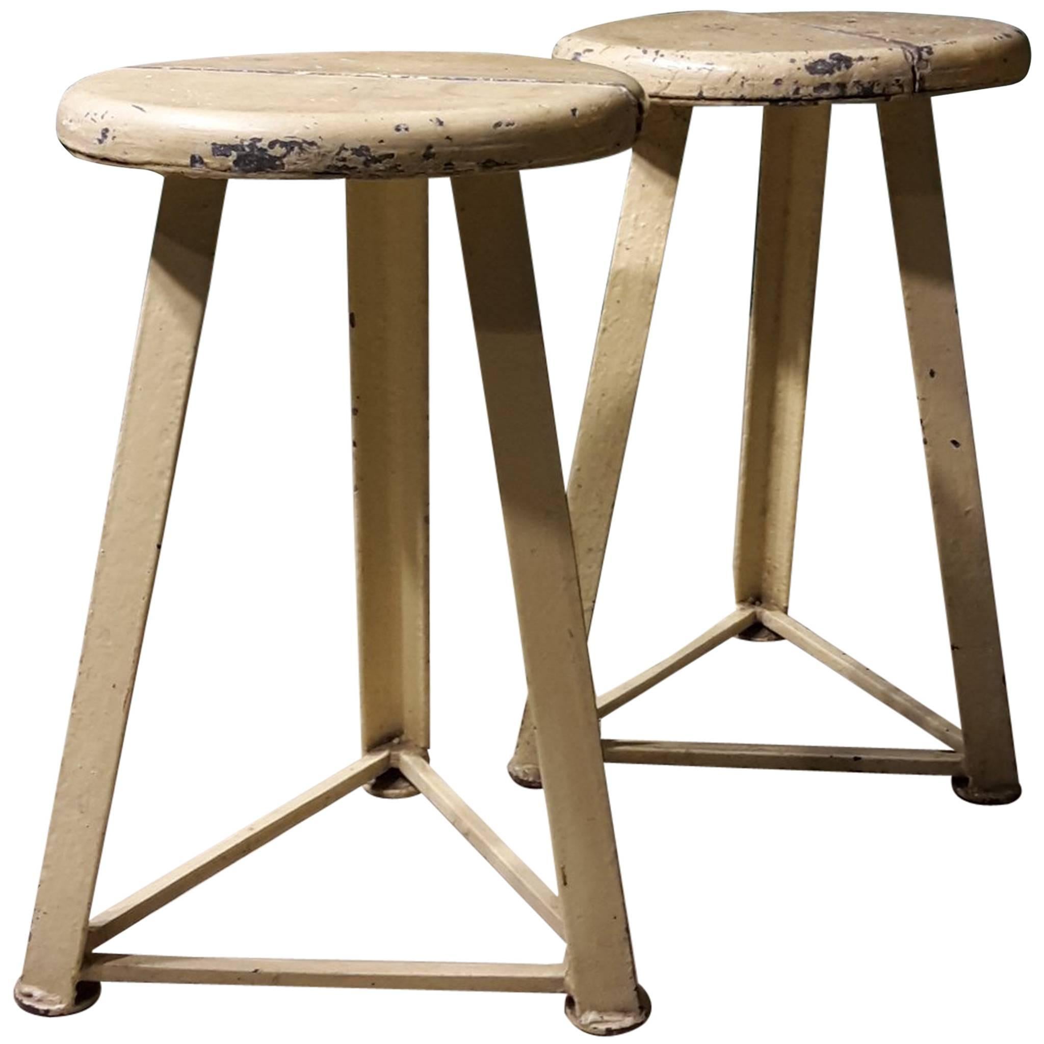 20th Century Pair of French White Industrial Stools Made of Metal and Wood For Sale