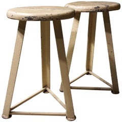 20th Century Pair of French White Industrial Stools Made of Metal and Wood
