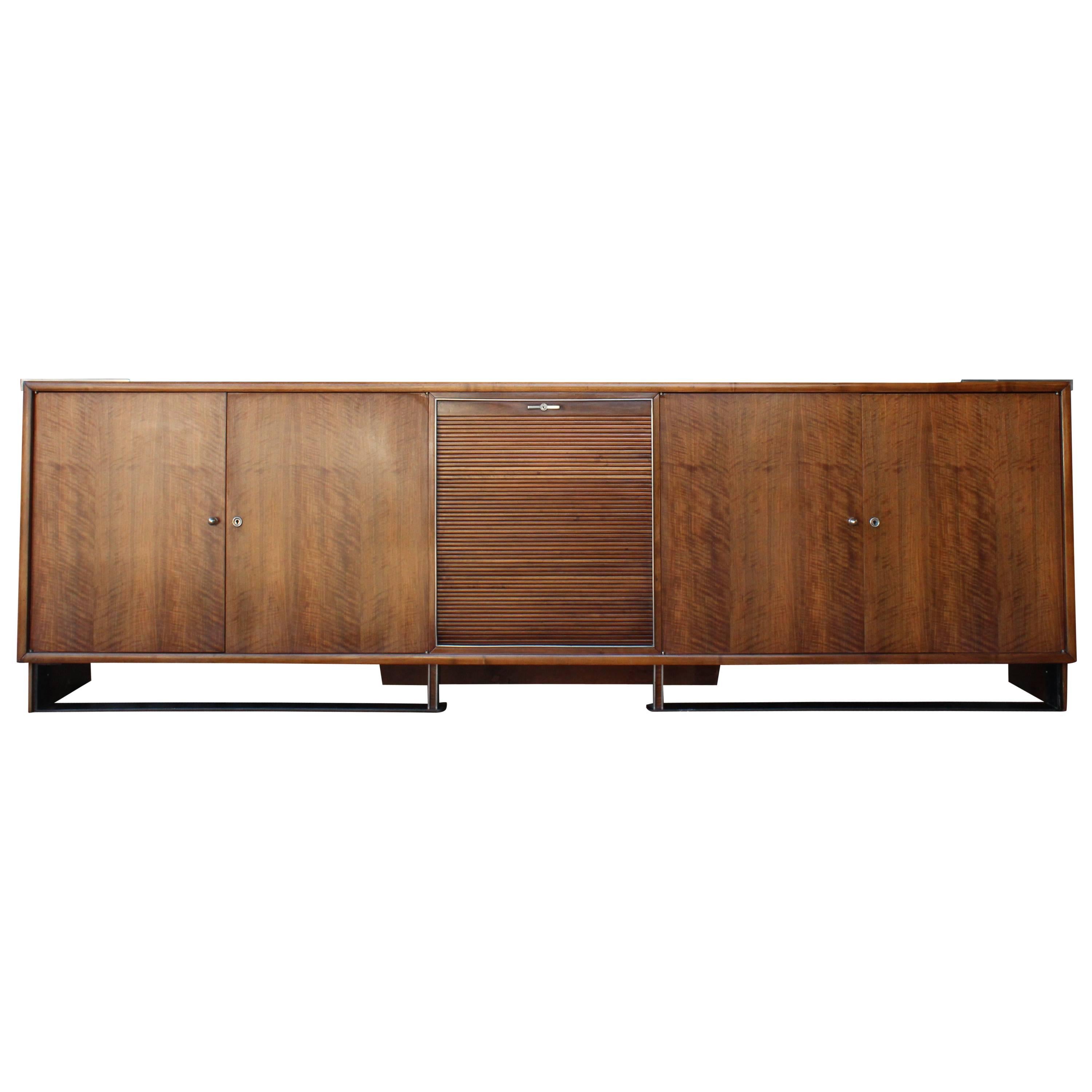 Paul Dupré-Lafon Walnut, Iron and Nickel Tambour Front Cabinet