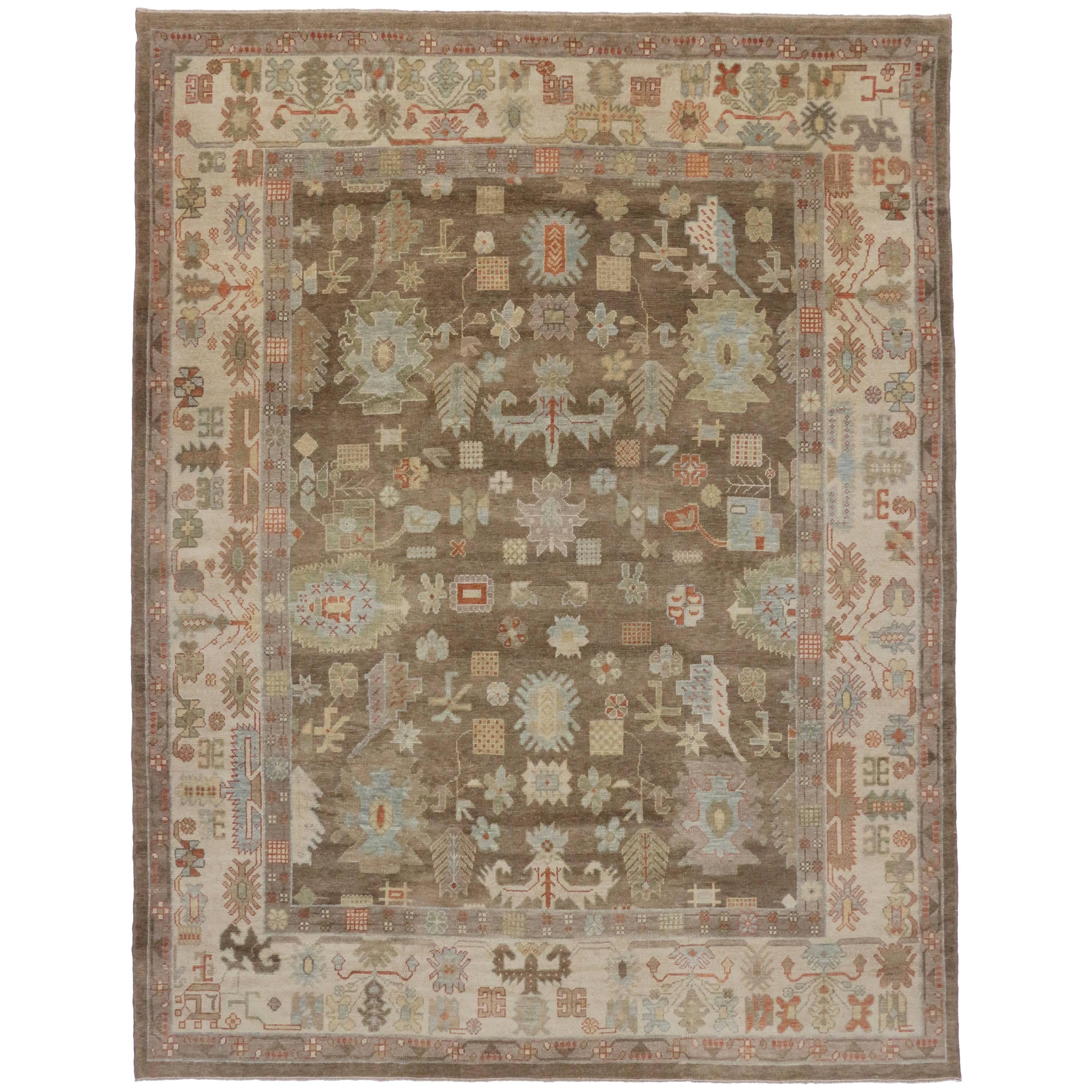 New Modern Turkish Oushak Area Rug with Transitional Style with a Pop of Color For Sale