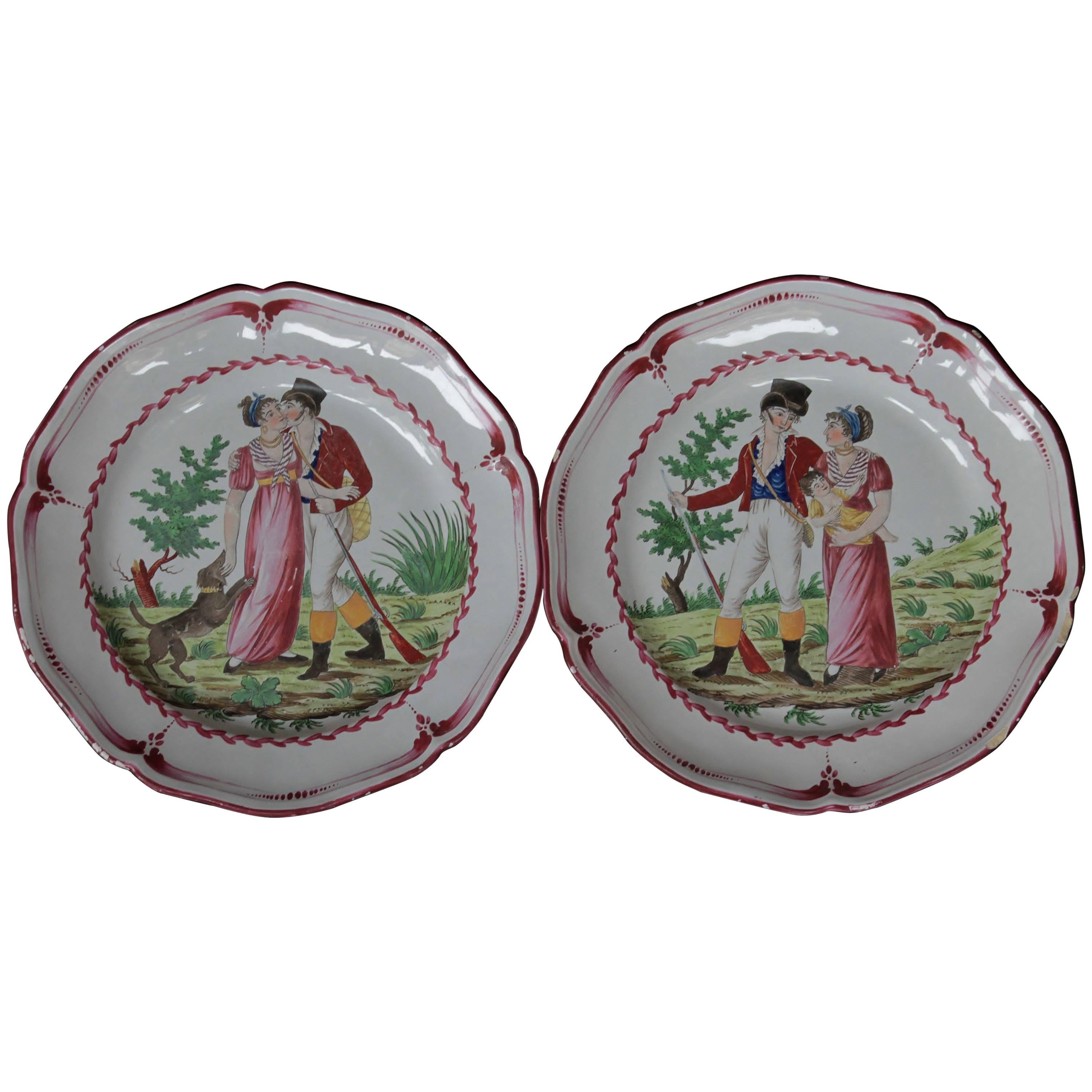 Pair of Dishes with Two Lovers, East of France, circa 1830 For Sale