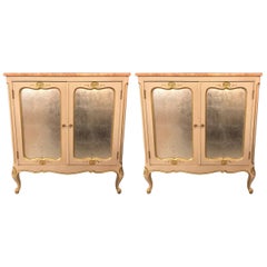 Pair of Louis XV Style Marble-Top Commodes or Nightstands with Mirrored Doors