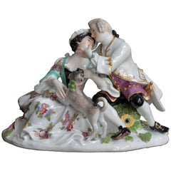 Antique Meissen Porcelain Gallant Group with a Pug Dog, circa 1746