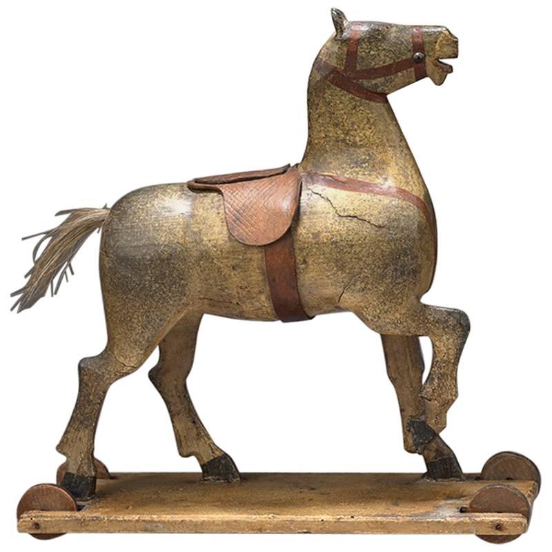 Prancing Grey Horse Pull Toy with Raised Front Leg For Sale