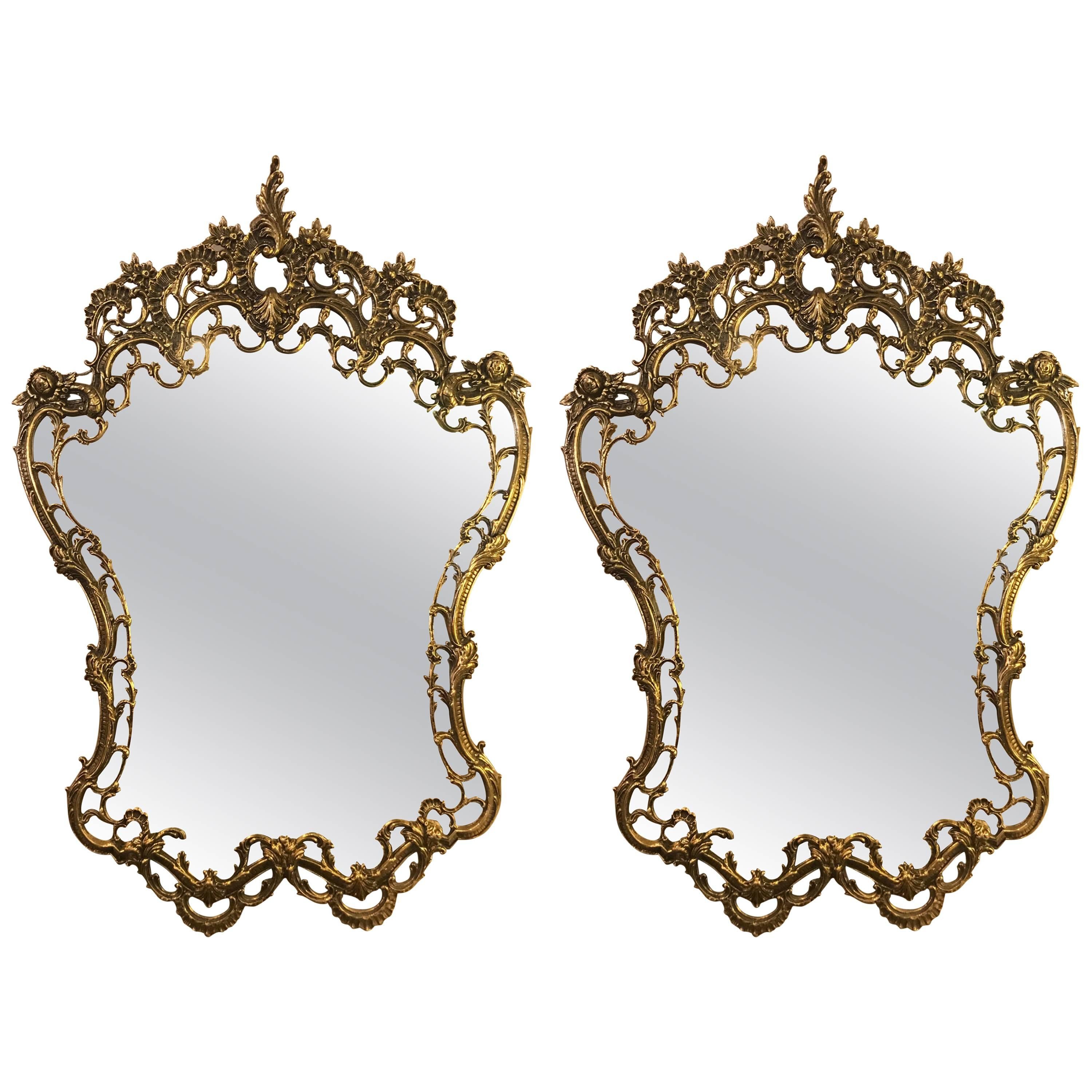 Pair of Ornate Rococo Style Solid Brass Console or Pier Mirrors
