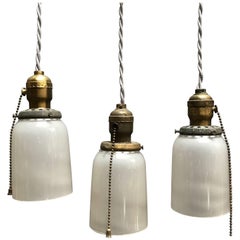 Vintage Industrial Milk Glass and Brass Pendant Lights