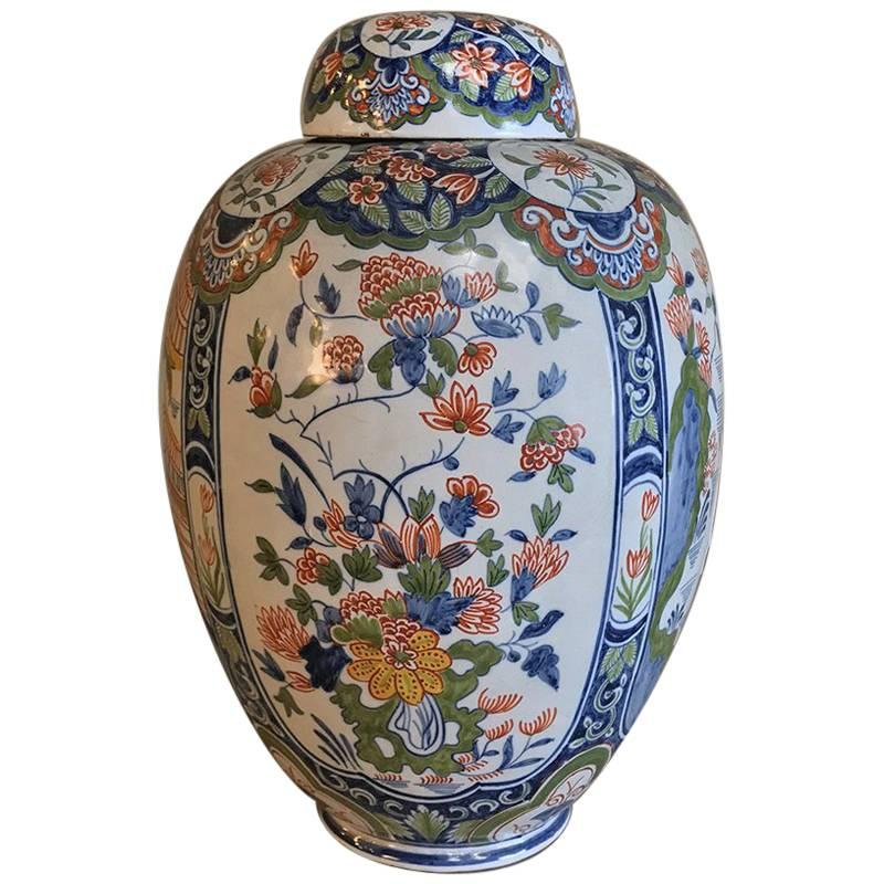 19th Century Oriental Style Delft Vase with Lid For Sale