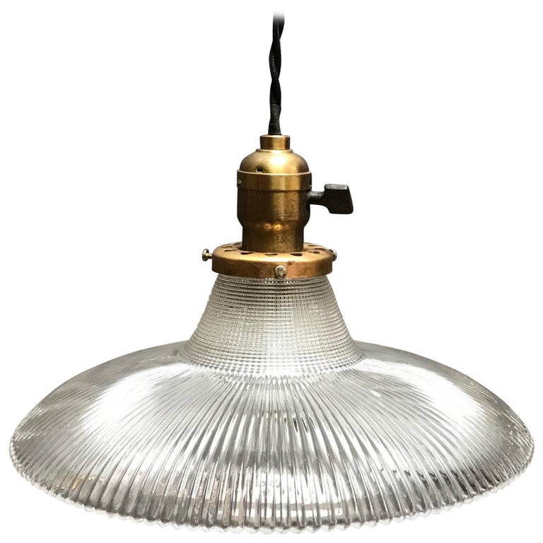 Industrial Fluted Prismatic Holophane Glass Pendant Light at 1stDibs