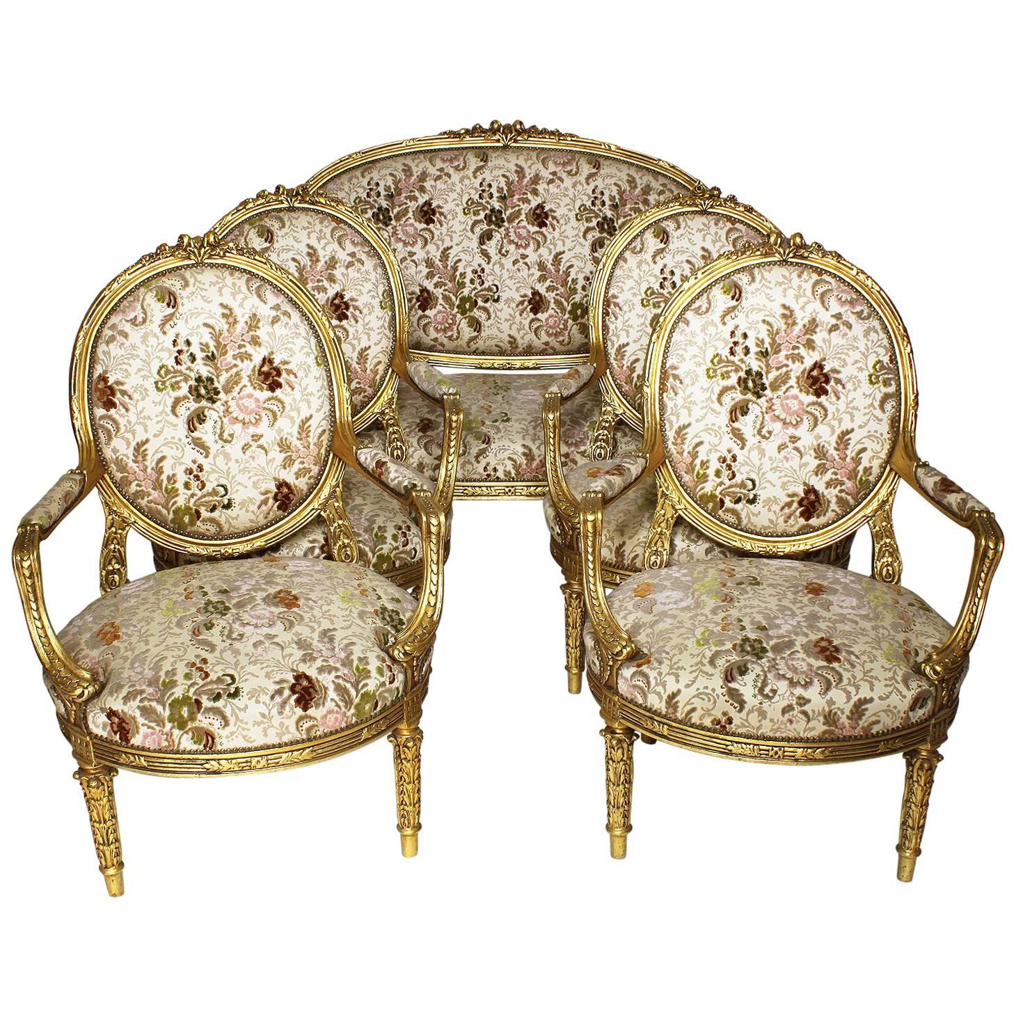 French 19th-20th Century Louis XV Style Giltwood Carved Five-Piece Salon Suite