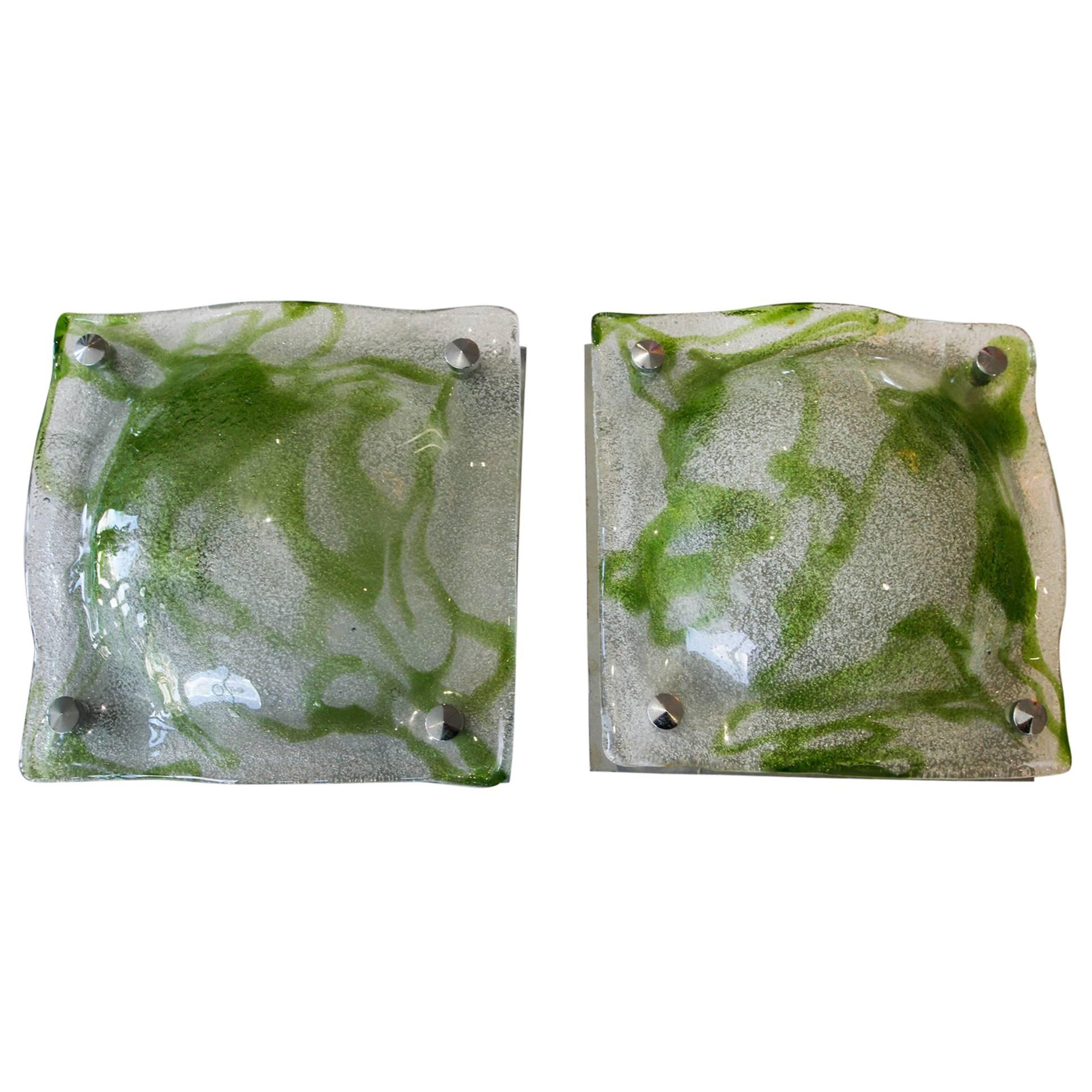 Pair of Mid-Century Modern Green Glass Sconces For Sale