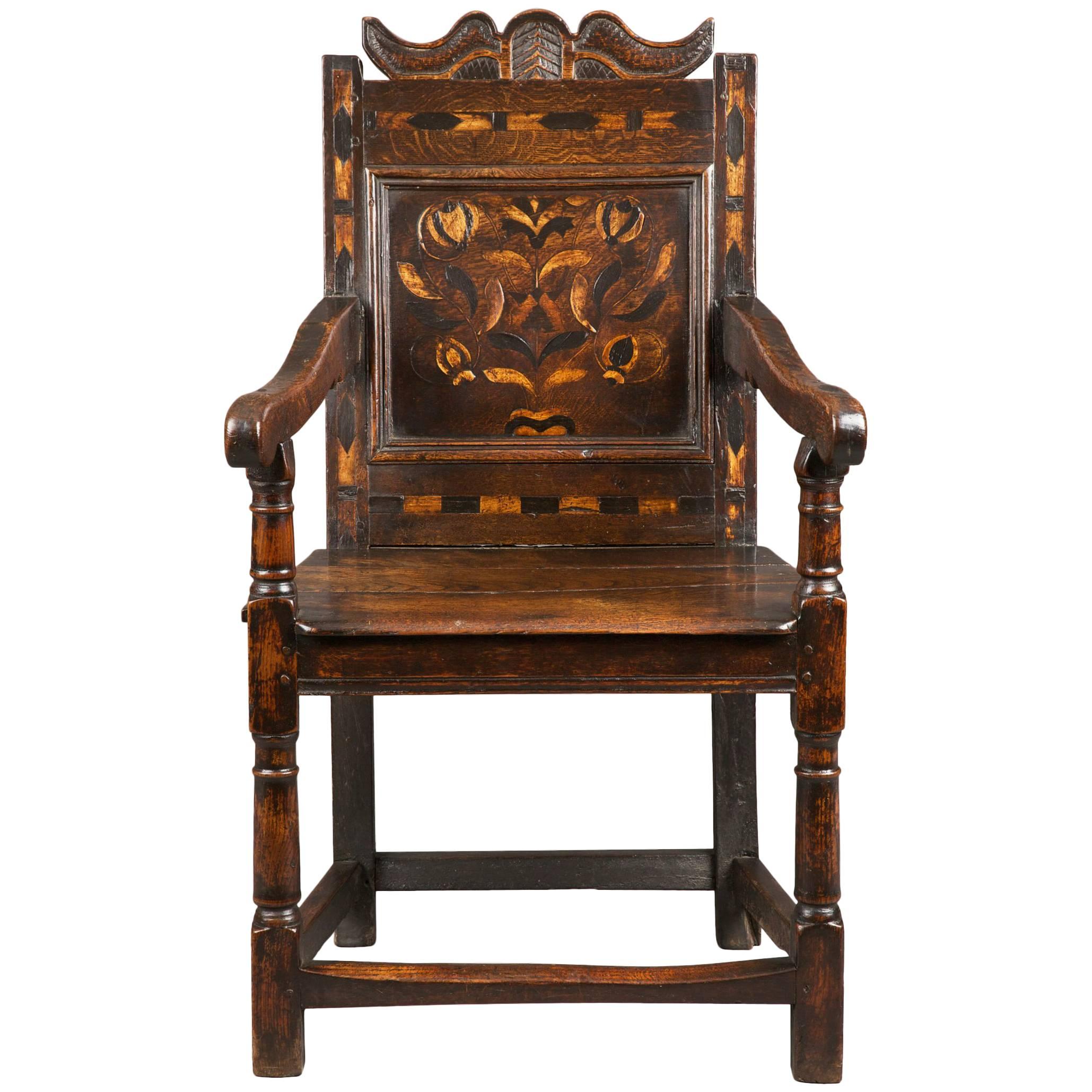 Inlaid Gloucestershire Mid 17th Century Oak Armchair For Sale