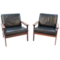 Pair of Danish Midcentury Rosewood and Leather Easy Chairs by Illum Wikkelsø