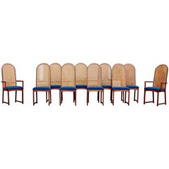 Mid-Century Modern Set Ten Dining Chairs Milo Baughman Directional Walnut & Cane