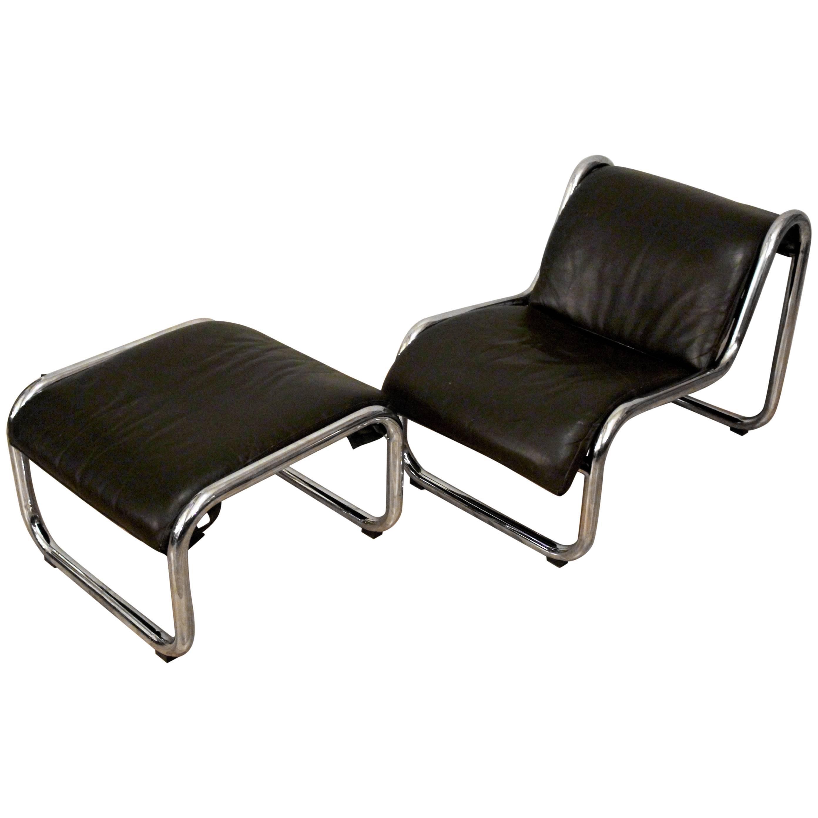 1970s Leather and Chrome Lounge Chair and Ottoman by Kinetics Furniture For Sale