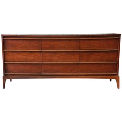 Lane Rhythm Mid-Century Modern Sculpted Walnut Long Dresser or Credenza