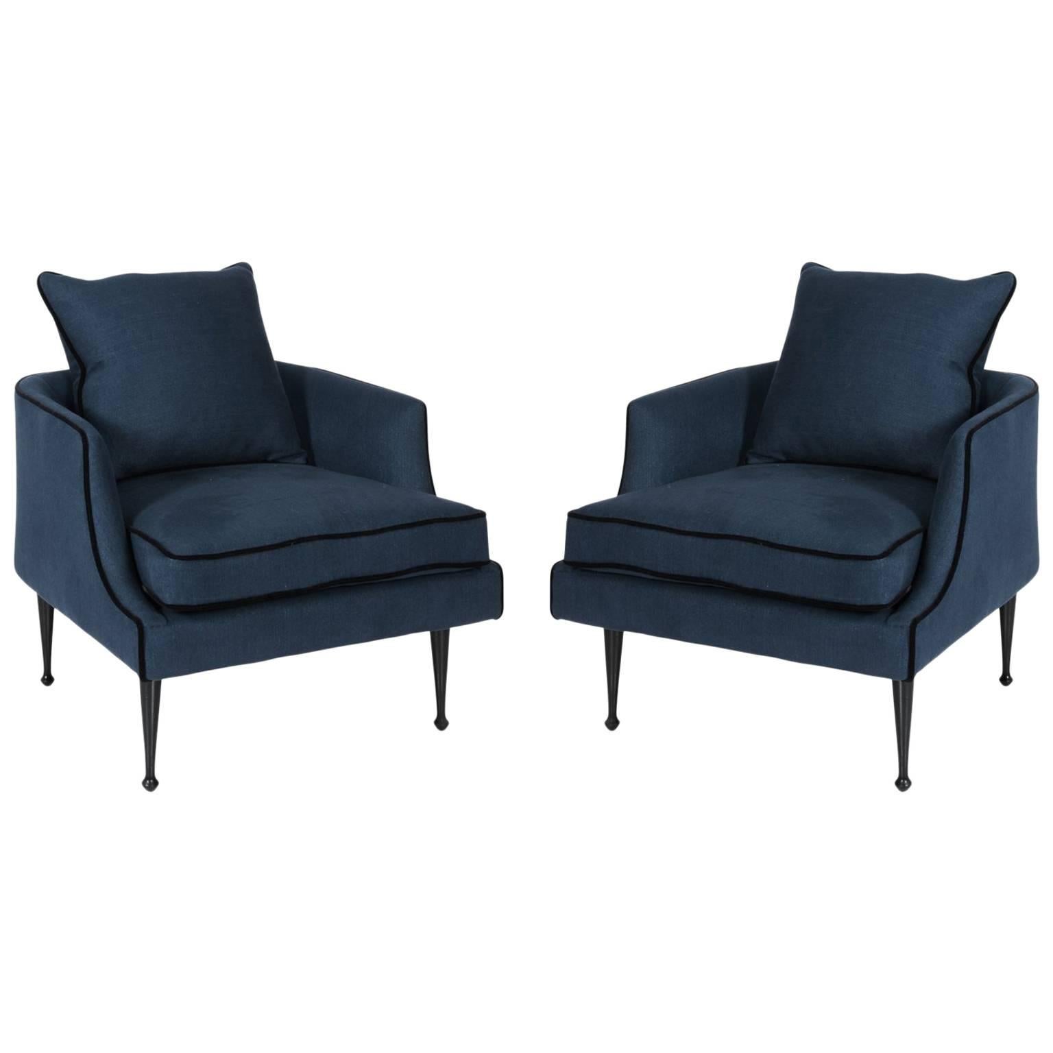 Pair of Rich Blue Linen Club Chairs For Sale