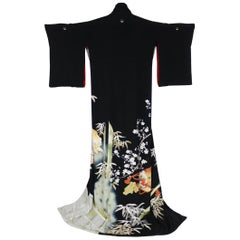 Japanese Black Silk Hand Dyed Kurotomesode Kimono Kabuki Figures Bamboo Plum