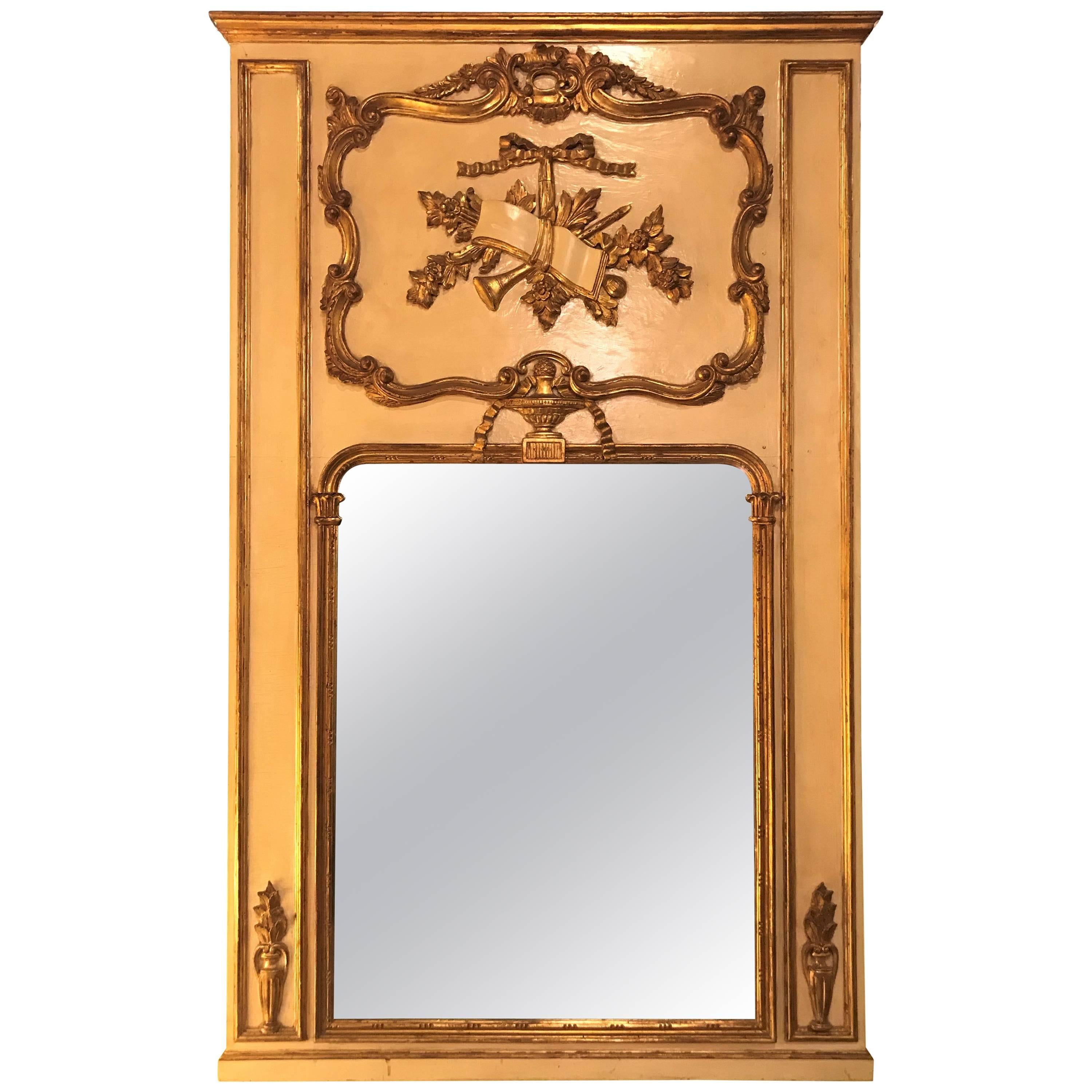 Louis XVI Style Painted & Parcel-Gilt Trumeau Console or over the Mantle Mirror For Sale