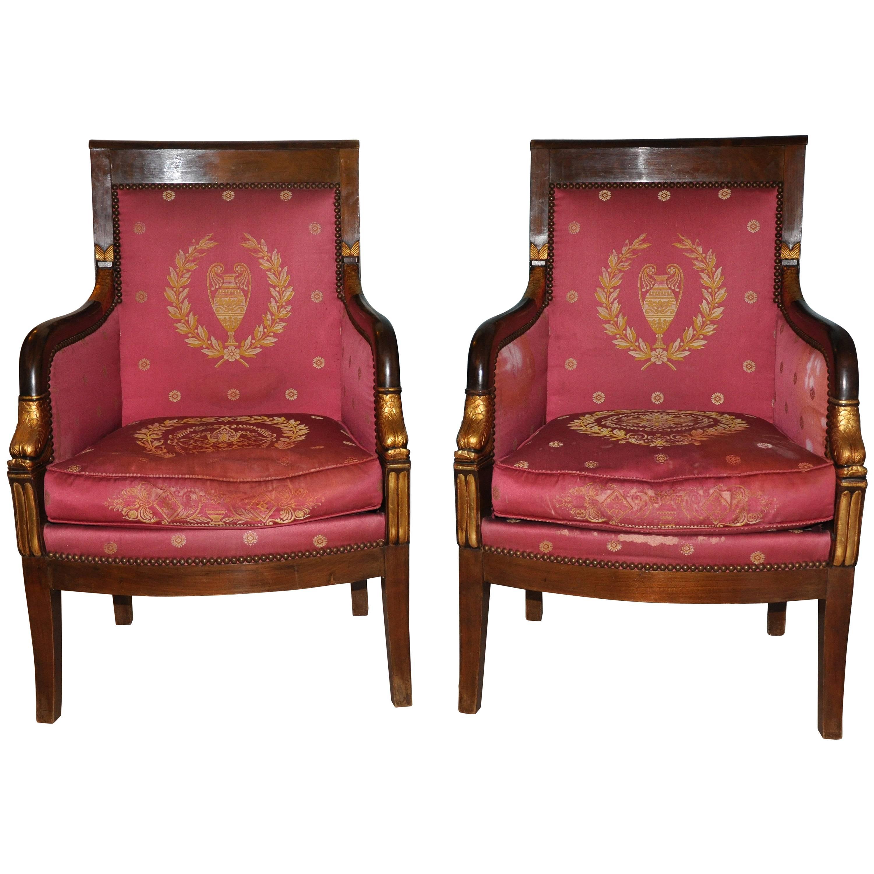 19th Century Rare Pair of Italian Empire Armchairs with Gold Leaf Decorations For Sale