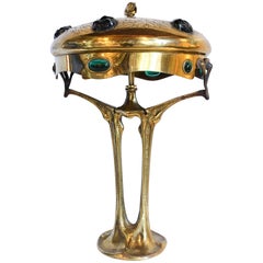 Antique Art Nouveau Jeweled Brass Table Lamp