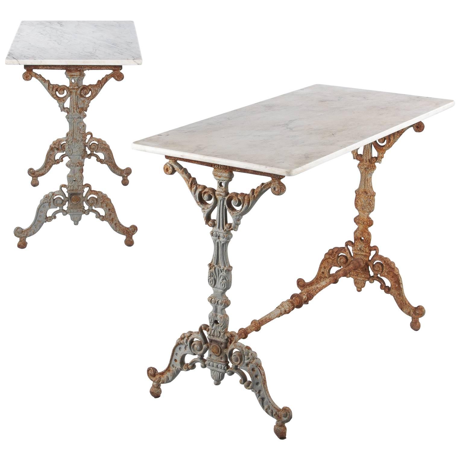 Pair of Spanish Rococo Iron Base Bistro Tables with Marble Tops, Late 1800s For Sale