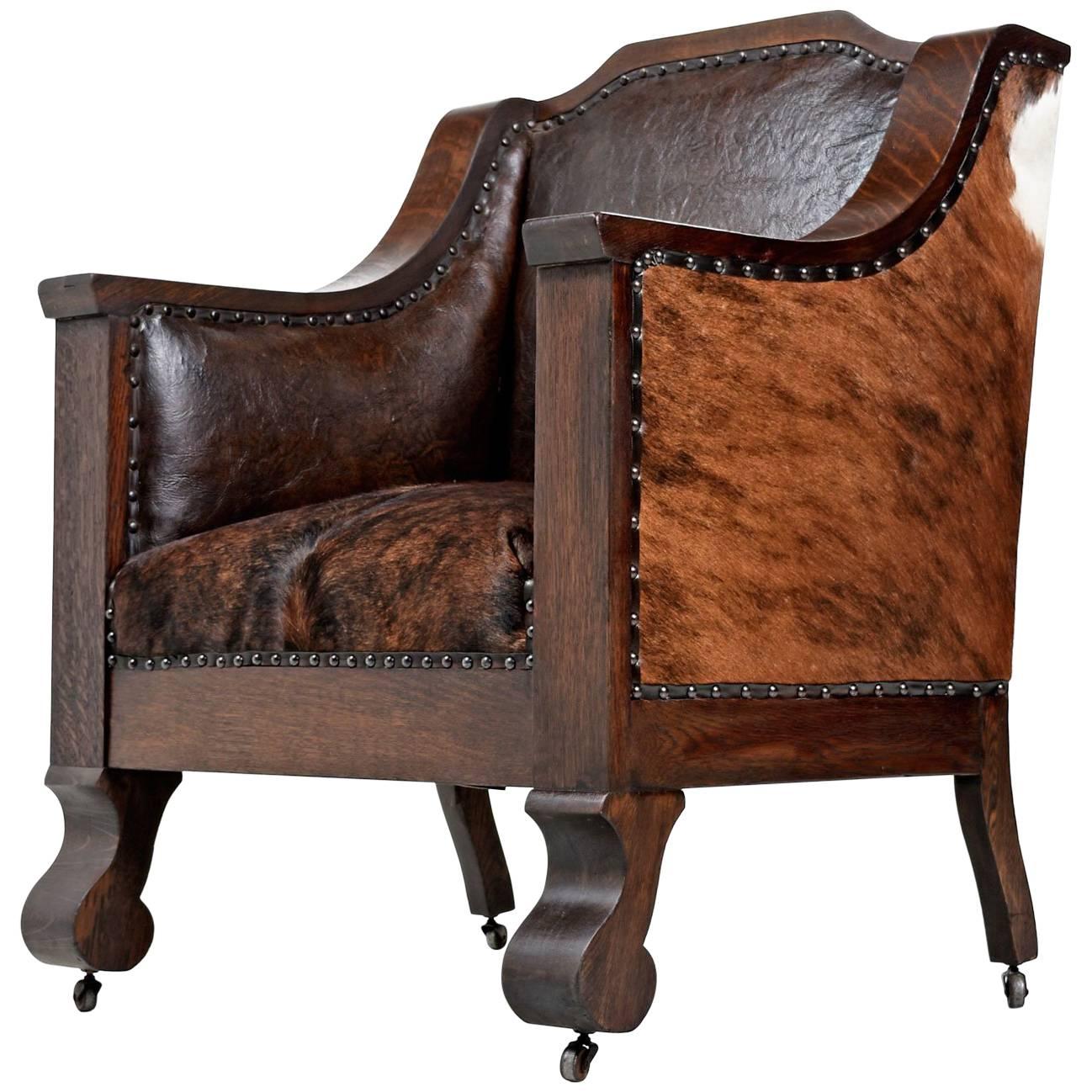 Early 1800s Handmade Empire Style Leather Thrown Chair Re-Invented in Cowhide