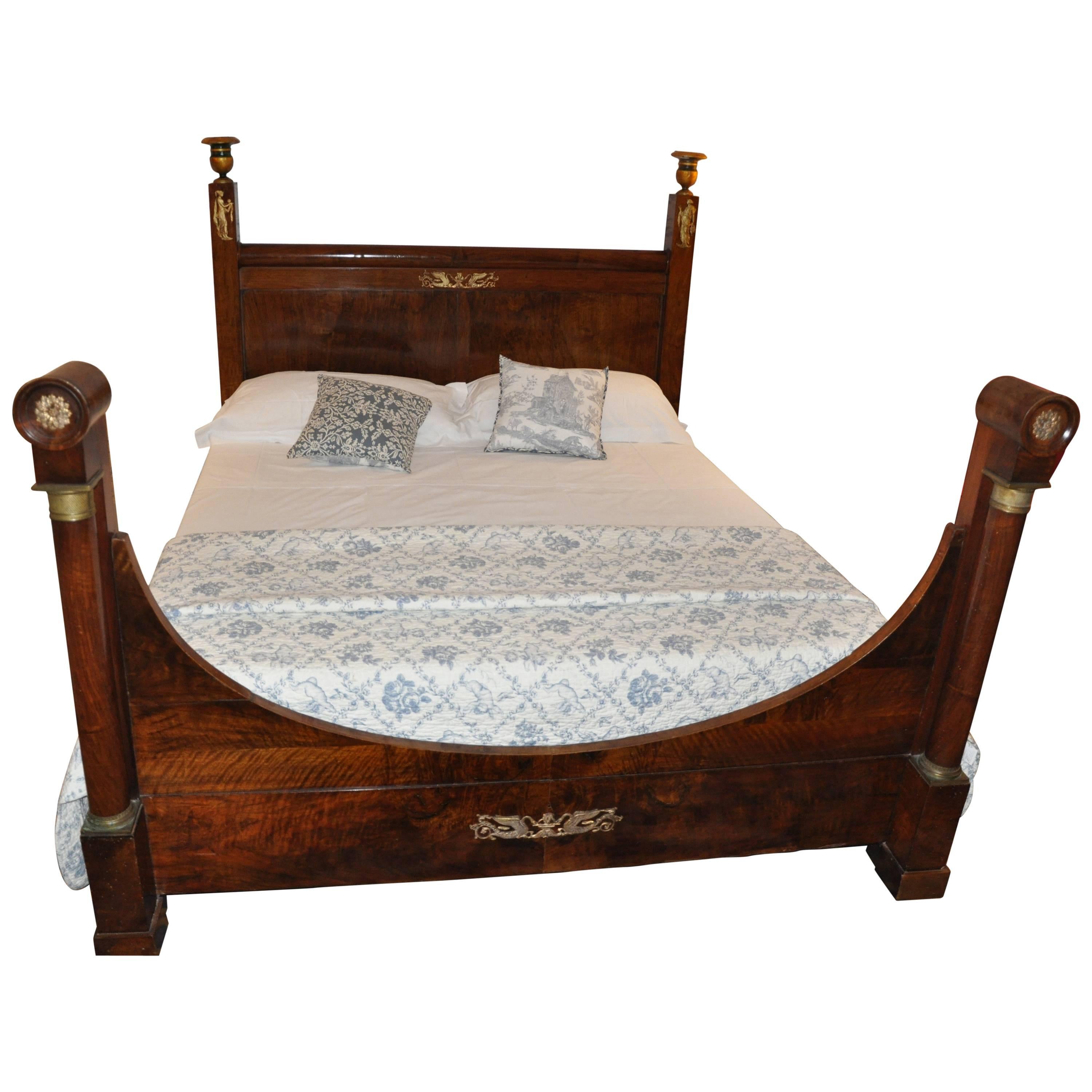 Rare Empire Italian Bed in Blond Walnut Wood Enriched with Golden Pieces For Sale