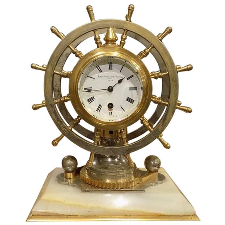 Rare Novelty Nautical Revolving Ships Wheel Desk Clock or Barometer