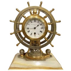 Antique Rare Novelty Nautical Revolving Ships Wheel Desk Clock or Barometer