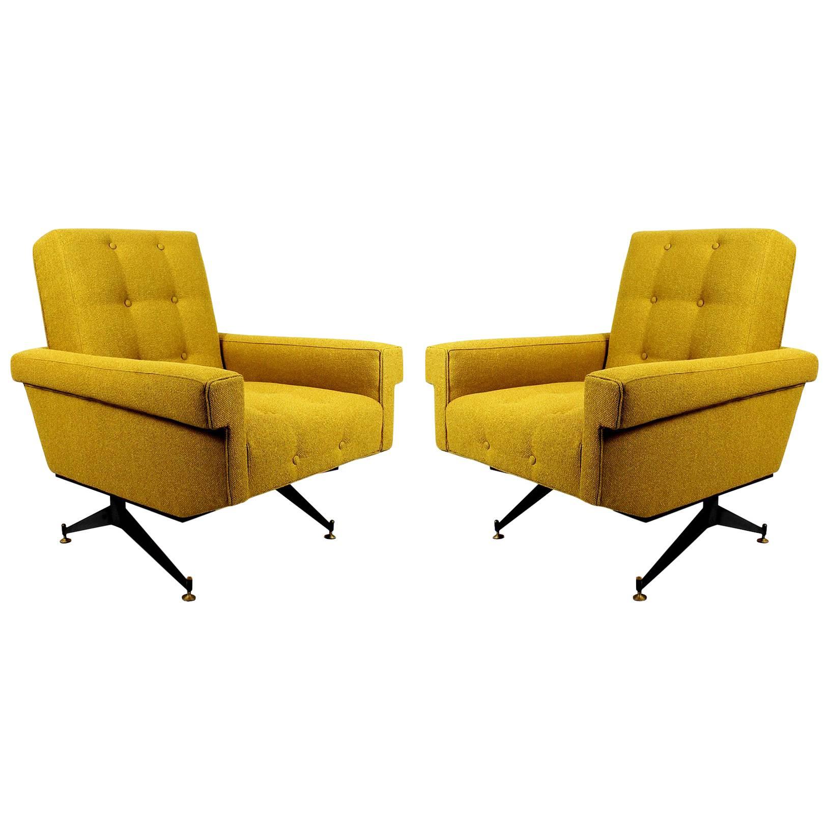 1960s Pair of Padded Armchairs, Yellow and Black, Steel, Upholstery, Italy