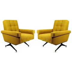 1960s Pair of Padded Armchairs, Yellow and Black, Steel, Upholstery, Italy