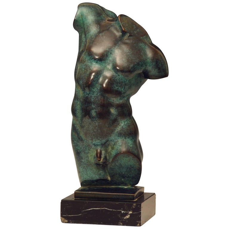 Classical Patinated Bronze Male Torso Sculpture on Marble Base, 20th