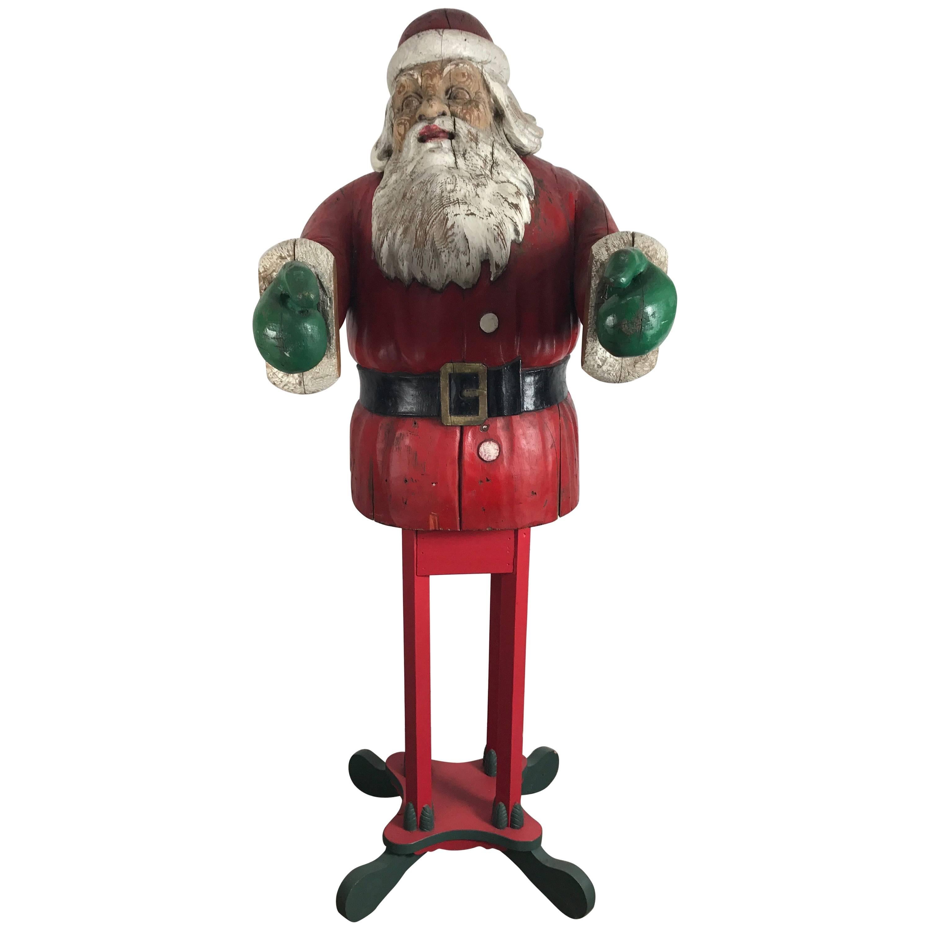 Turn of the Century Life Size Carved Wood and Painted Folk Art Santa Sculpture